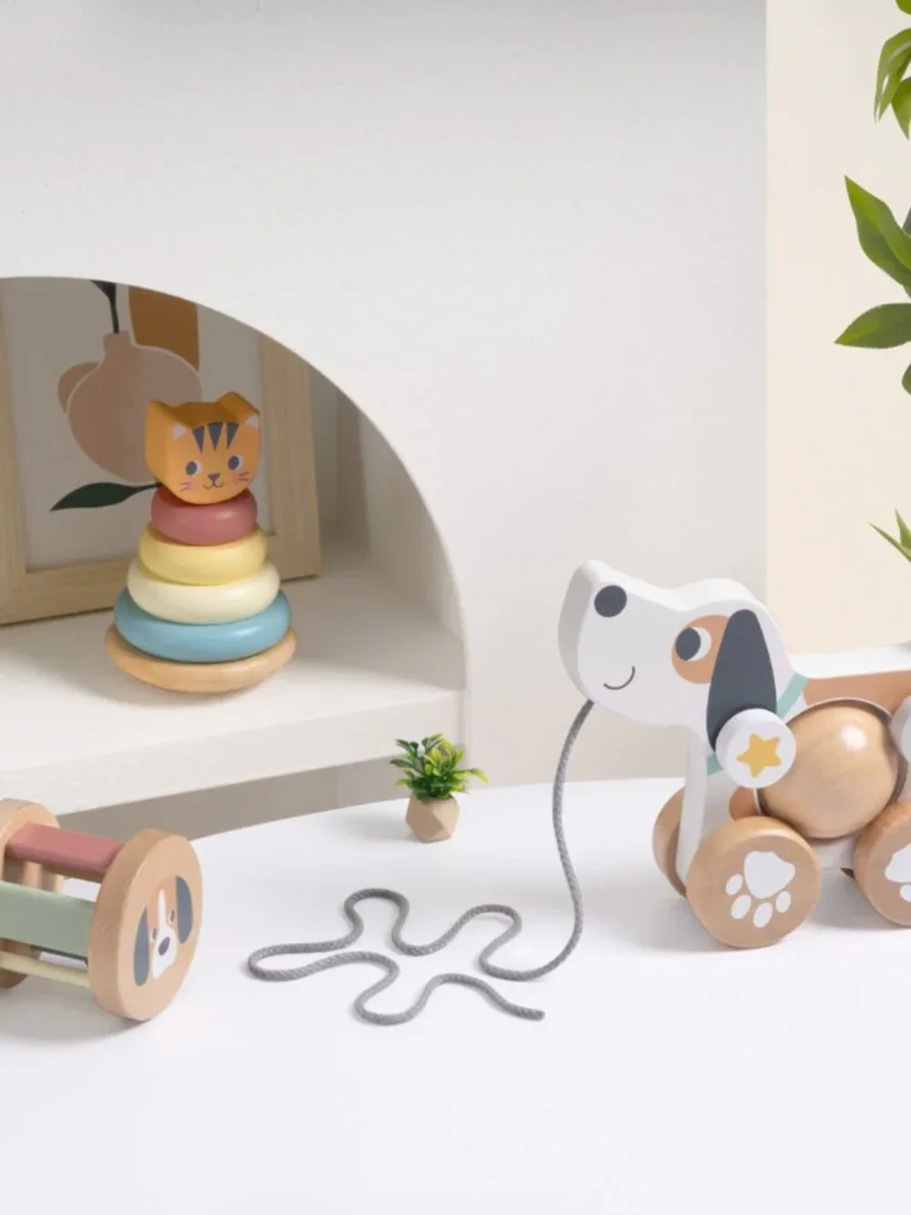 Montessori Wooden Pull Along Dog Toy & Stacking Rings Gift Set New